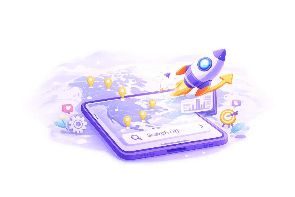 Rocket launch with map and icons 2