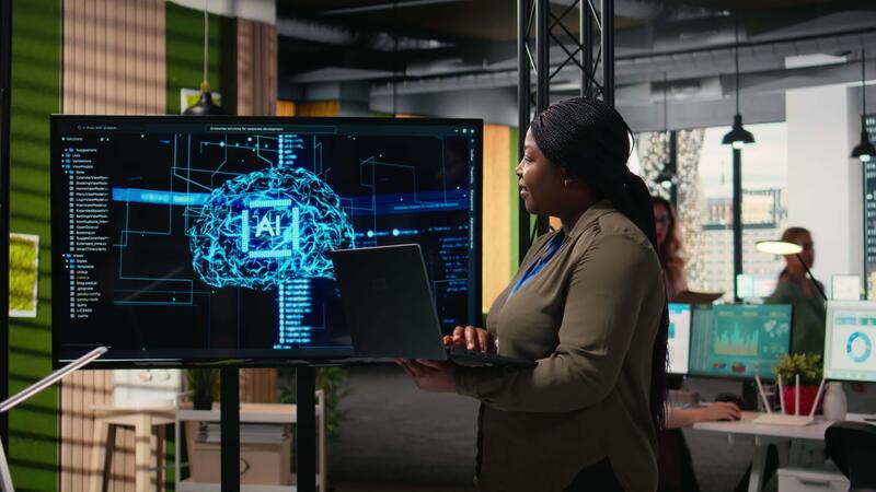 empowered corporate manager leverages machine learning and big data algorithms optimizing company performance with software and neural networks systems business solutions camera a video